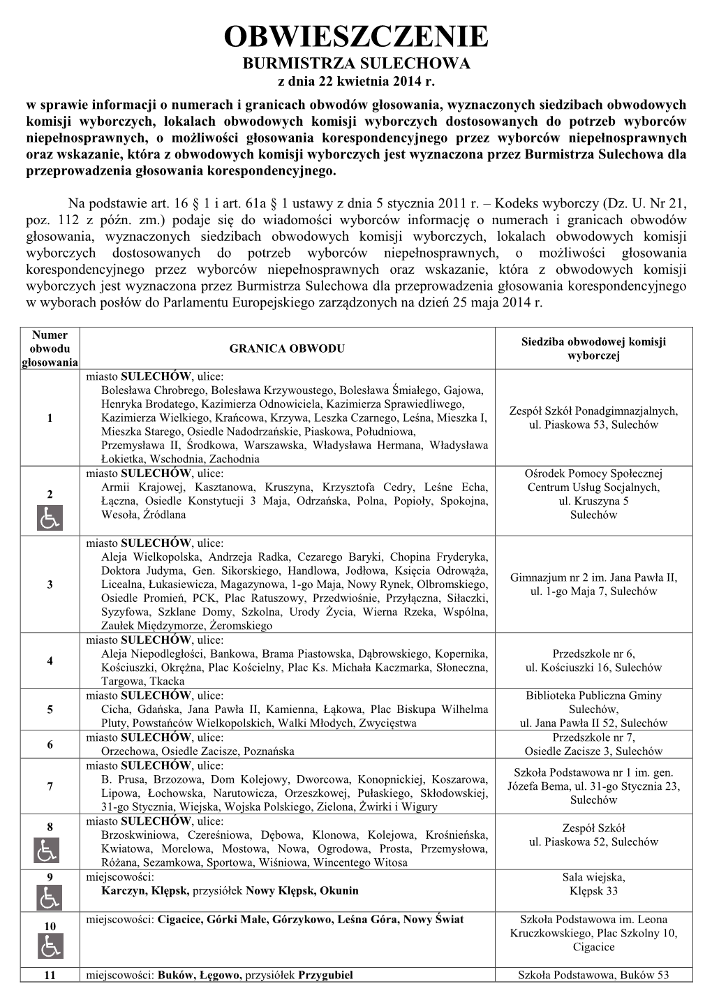 OBWIESZCZENIE BURMISTRZA SULECHOWA Z Dnia 22 Kwietnia 2014 R