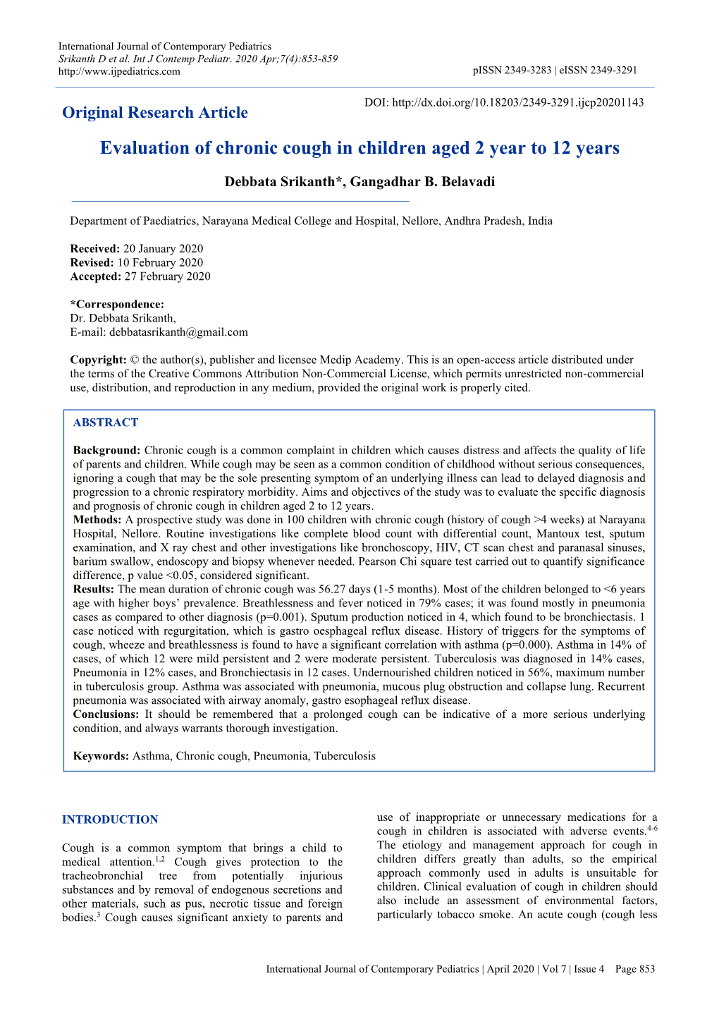 Evaluation of Chronic Cough in Children Aged 2 Year to 12 Years