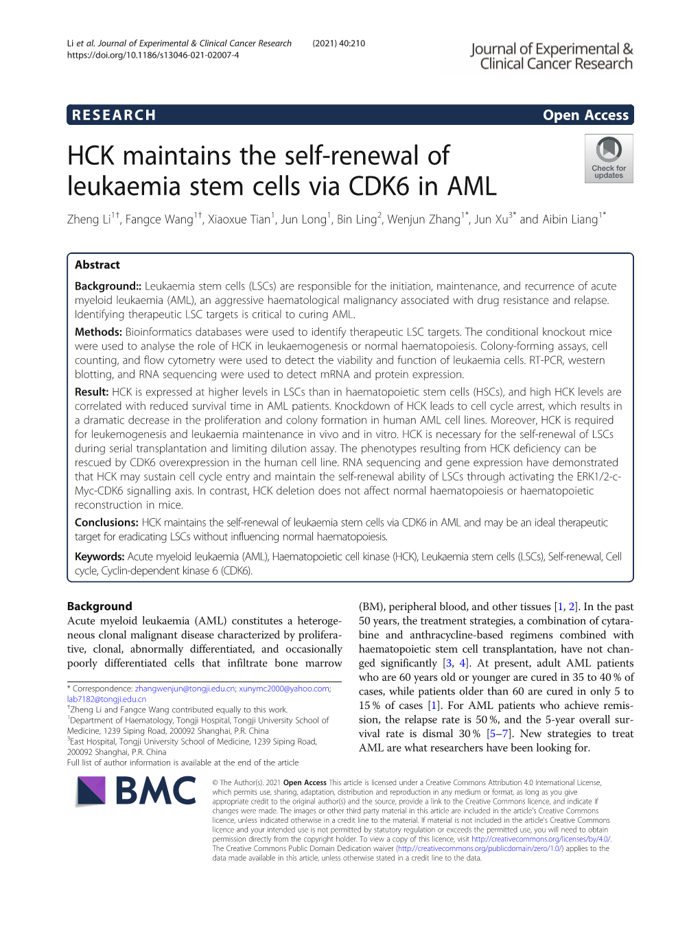 HCK Maintains the Self-Renewal of Leukaemia Stem Cells Via CDK6 In