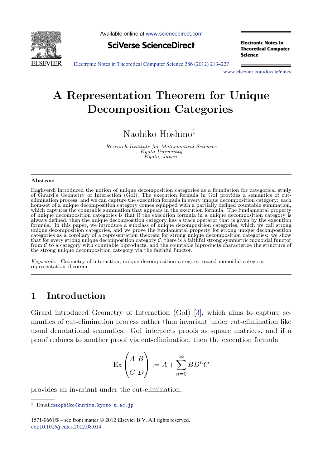 A Representation Theorem for Unique Decomposition Categories