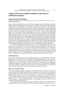 Analysis of 30 Years Rainfall Variability in Imo State of Southeastern Nigeria