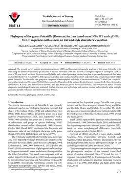 Phylogeny of the Genus Potentilla (Rosaceae) in Iran Based on Nrdna ITS and Cpdna Trnl-F Sequences with a Focus on Leaf and Style Characters’ Evolution