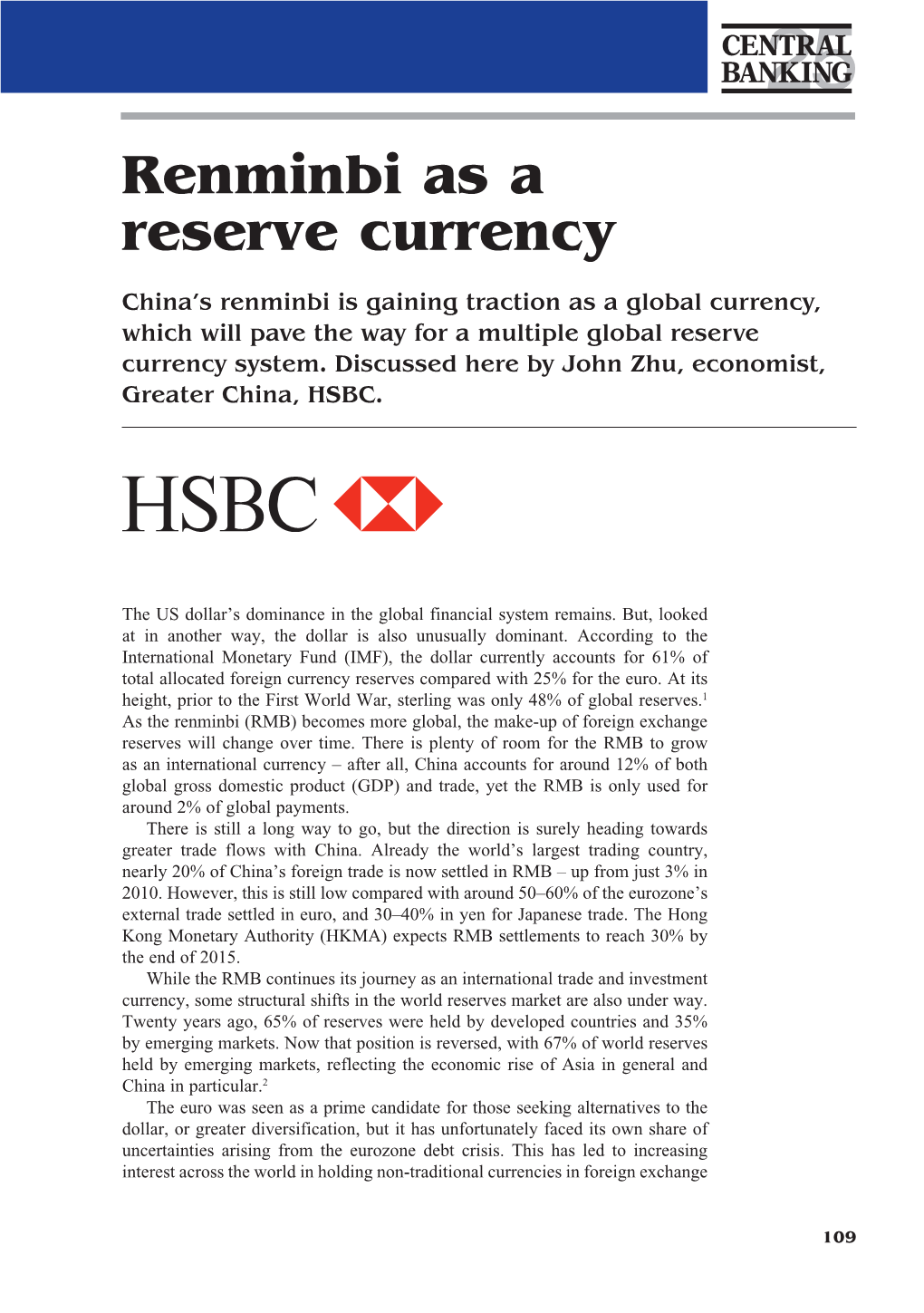 Renminbi As a Reserve Currency