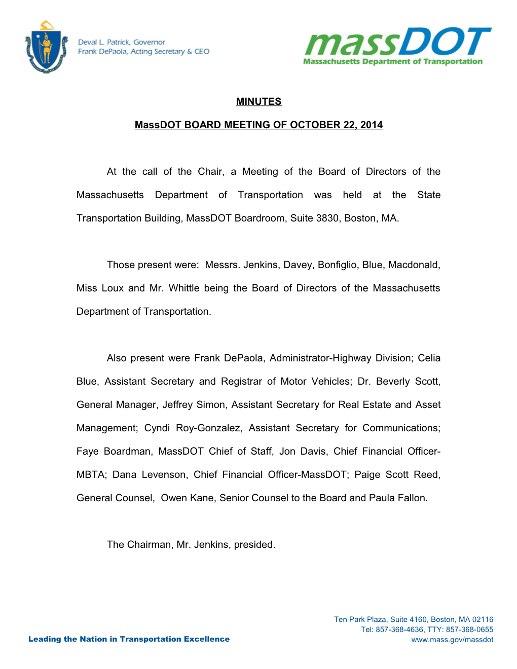 Massdot BOARD MEETING of OCTOBER 22, 2014