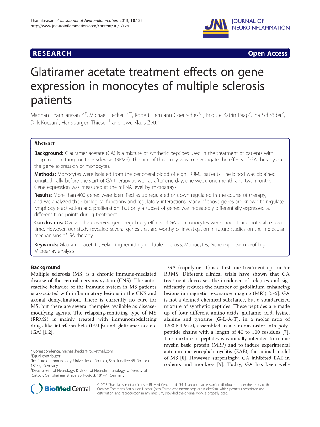 Glatiramer Acetate Treatment Effects on Gene Expression in Monocytes of Multiple Sclerosis Patients
