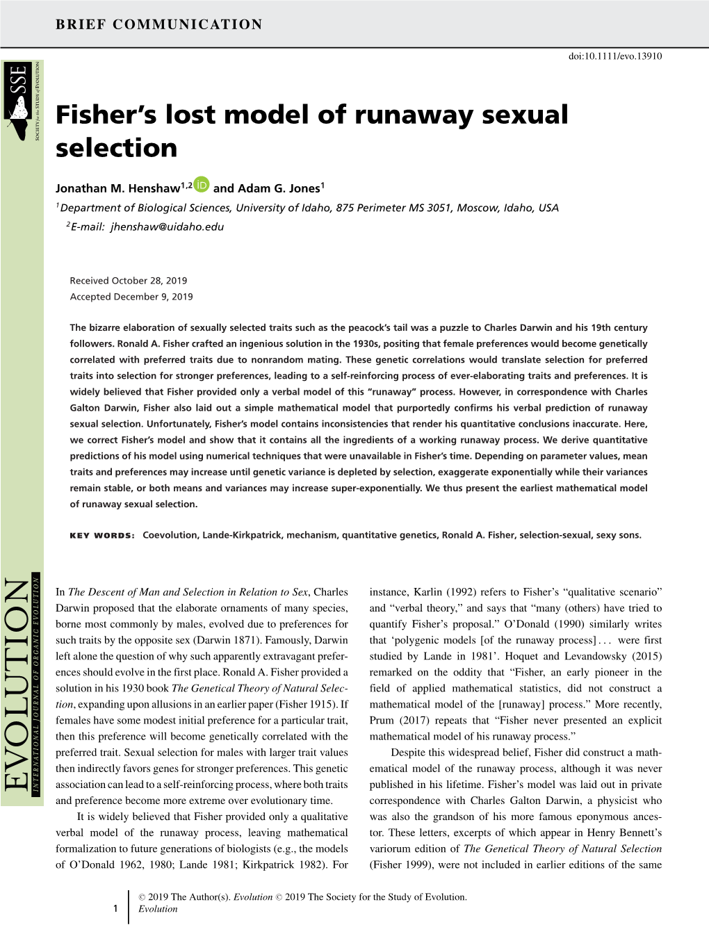 Fisher'S Lost Model of Runaway Sexual Selection