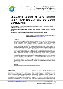 Chlorophyll Content of Some Selected Edible Plants Sourced from Ima Market, Manipur, India