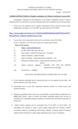 List of Eligible Candidates for 6 Weeks Certificate Course in Sports