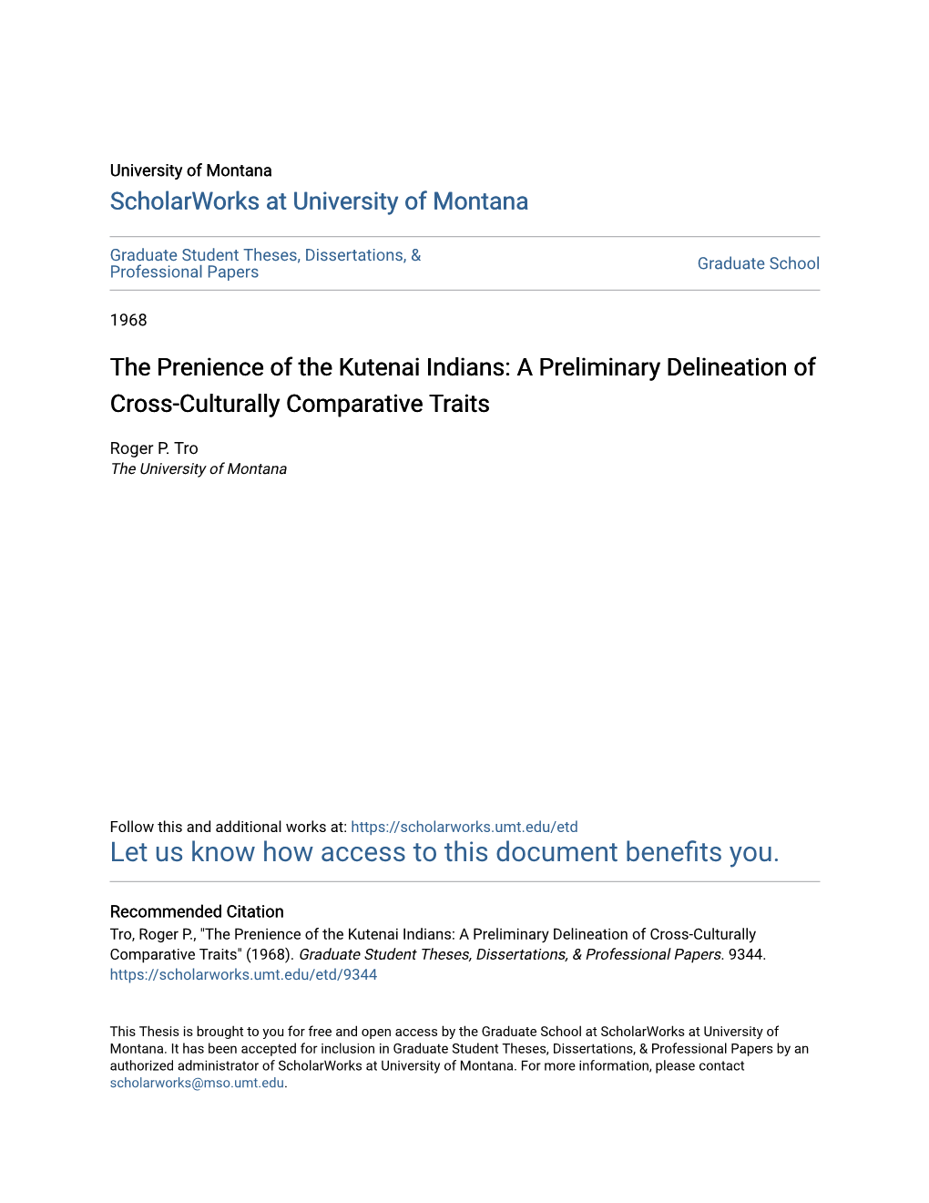 The Prenience of the Kutenai Indians: a Preliminary Delineation of Cross-Culturally Comparative Traits