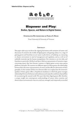Biopower and Play: Bodies, Spaces, and Nature in Digital Games