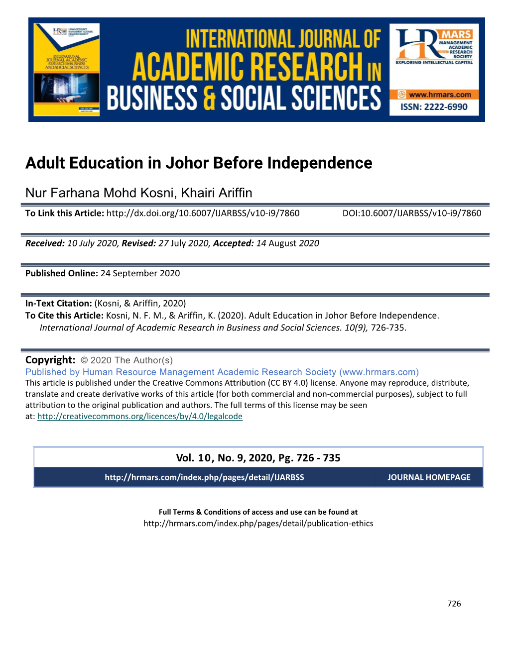 Adult Education in Johor Before Independence