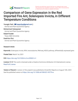 Comparison of Gene Expression in the Red Imported Fire Ant, Solenopsis Invicta, in Different Temperature Conditions