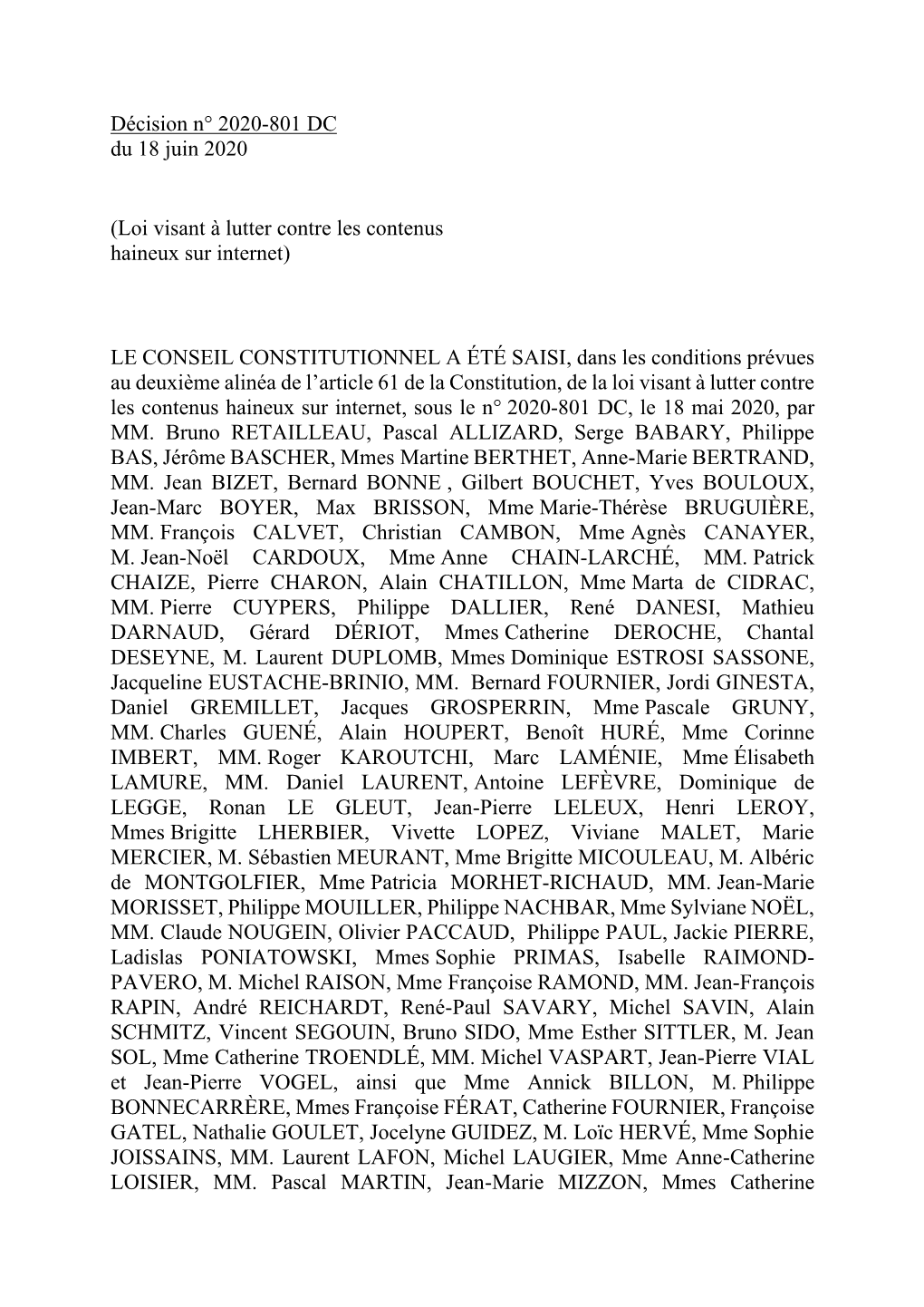 Décision N° 2020-801 DC Du 18 Juin 2020, [Loi Visant À Lutter Contre Les