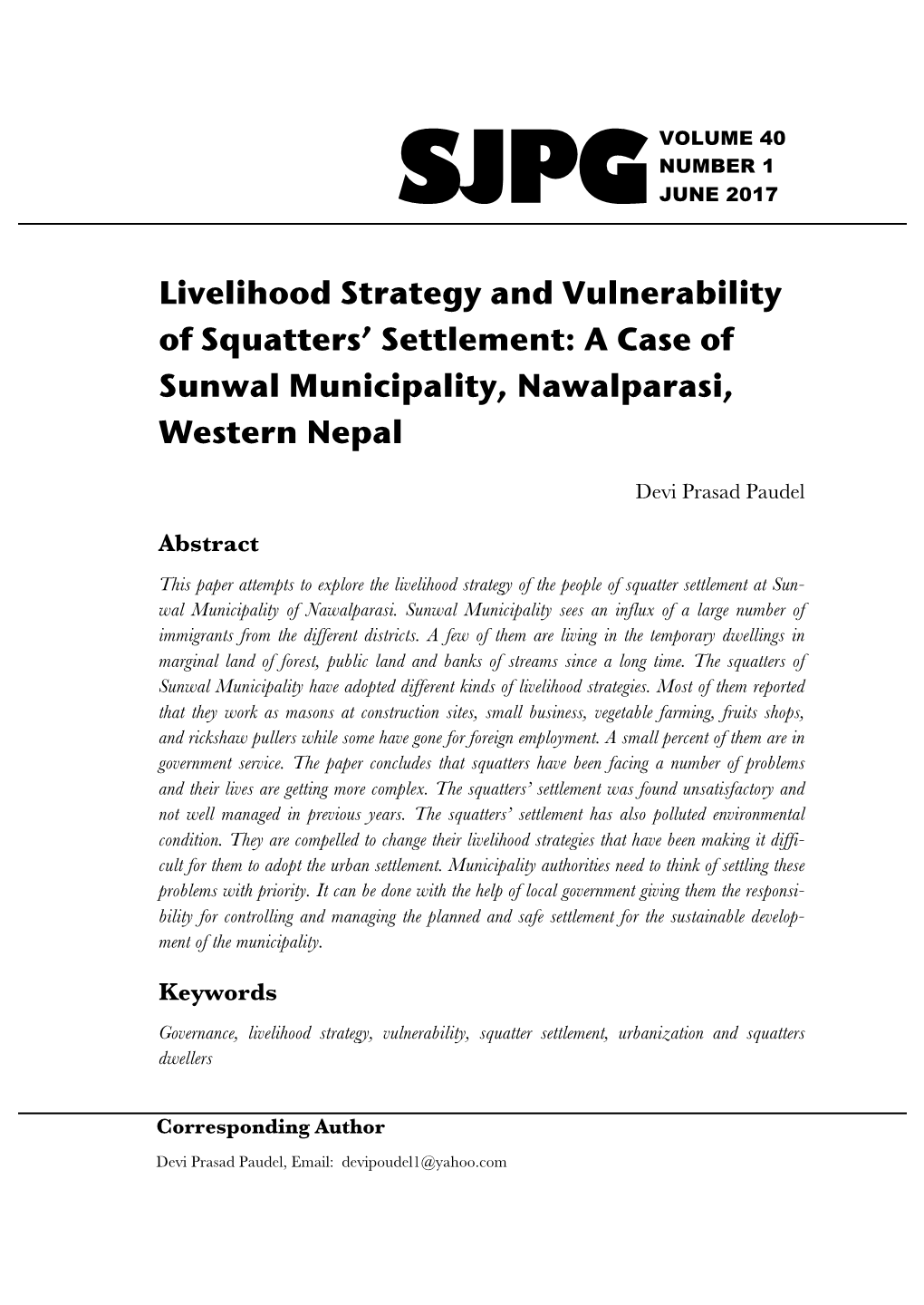 A Case of Sunwal Municipality, Nawalparasi, Western Nepal