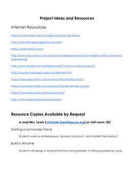 Project Ideas and Resources Internet Resources Resource Copies
