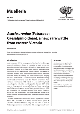 Acacia Ureniae (Fabaceae: Caesalpinioideae), a New, Rare Wattle from Eastern Victoria