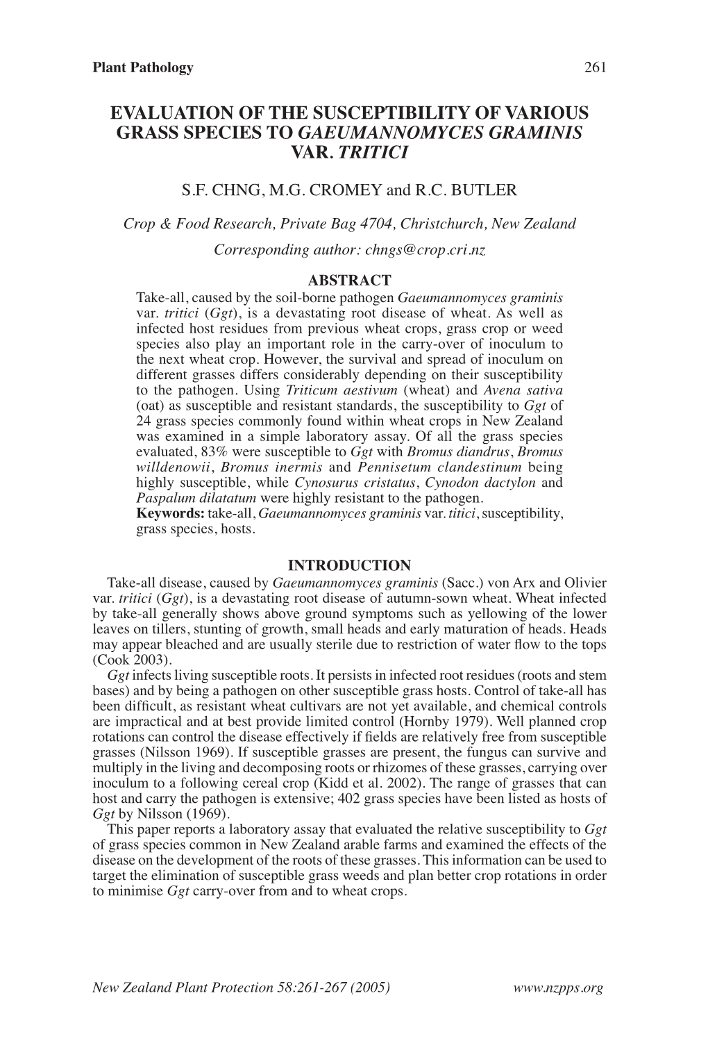 Evaluation of the Susceptibility of Various Grass Species to Gaeumannomyces Graminis Var