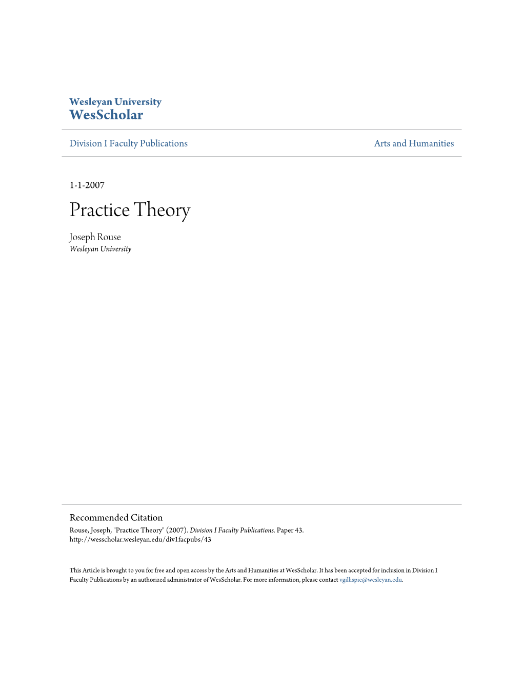 Practice Theory Joseph Rouse Wesleyan University