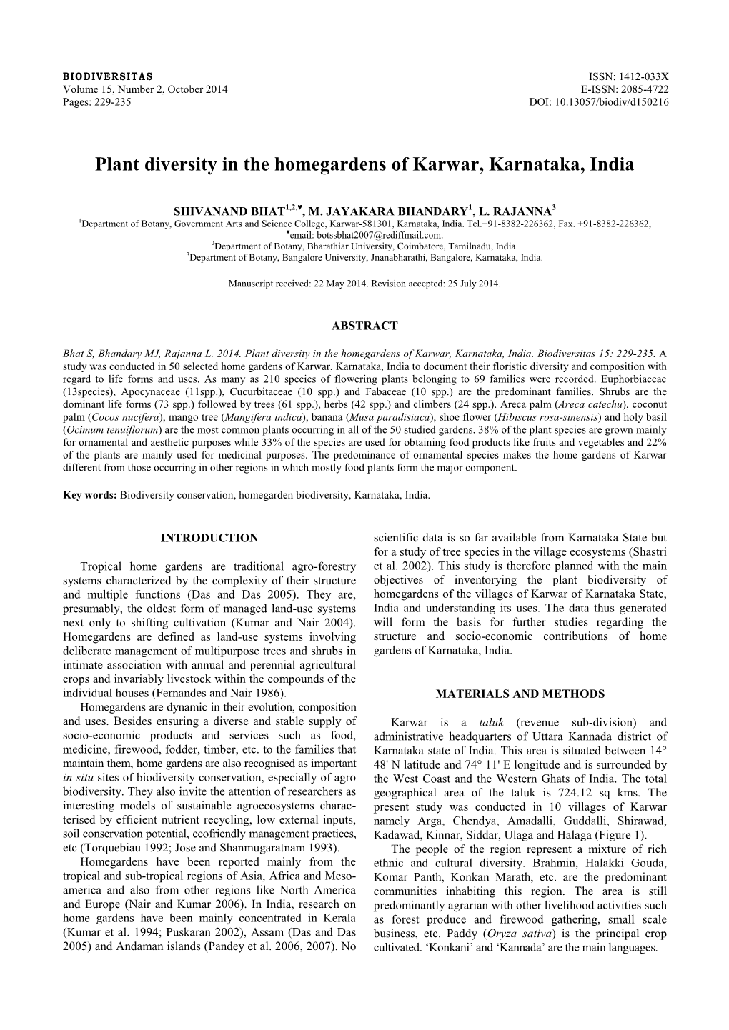 Plant Diversity in the Homegardens of Karwar, Karnataka, India