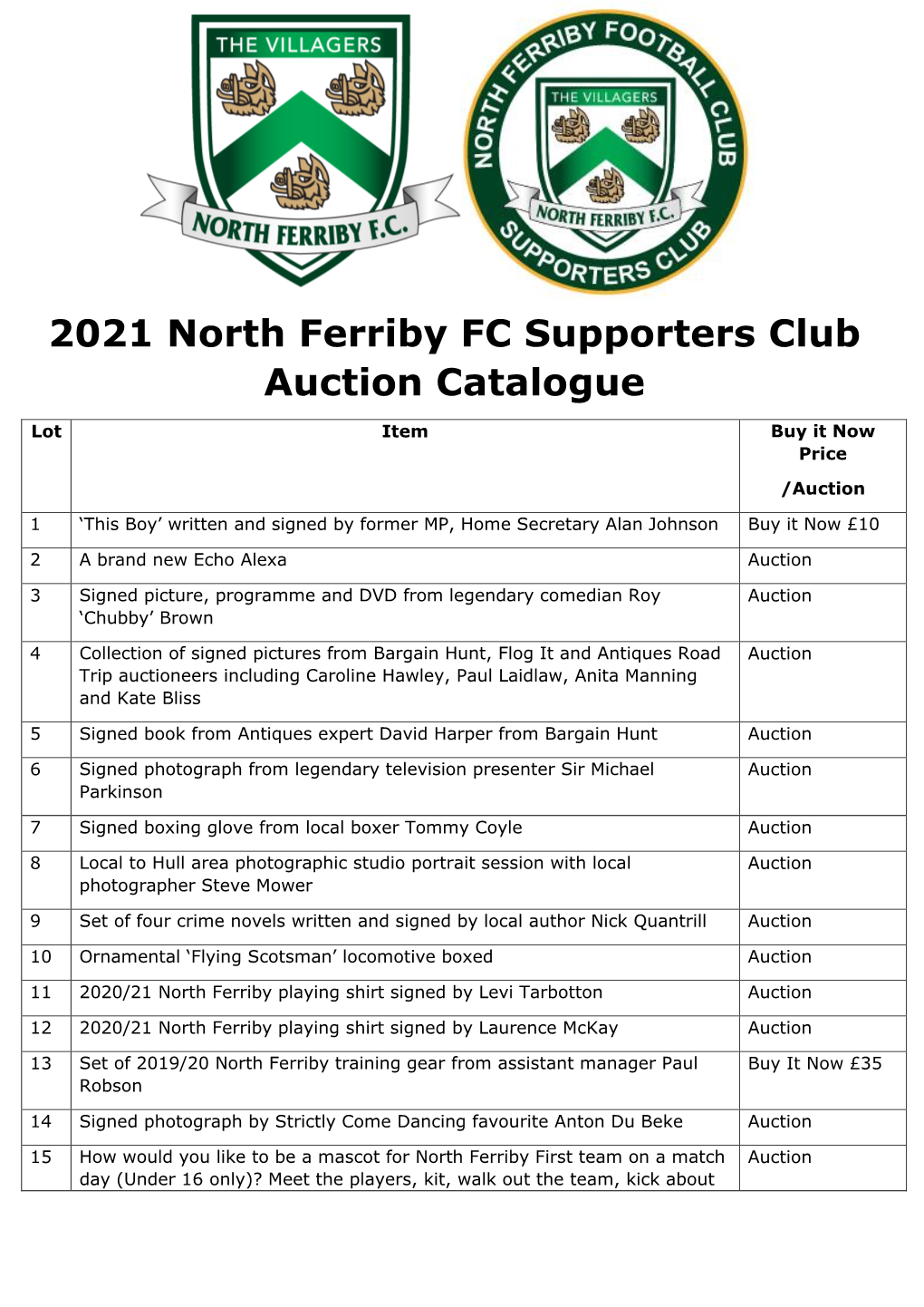2021 North Ferriby FC Supporters Club Auction Catalogue