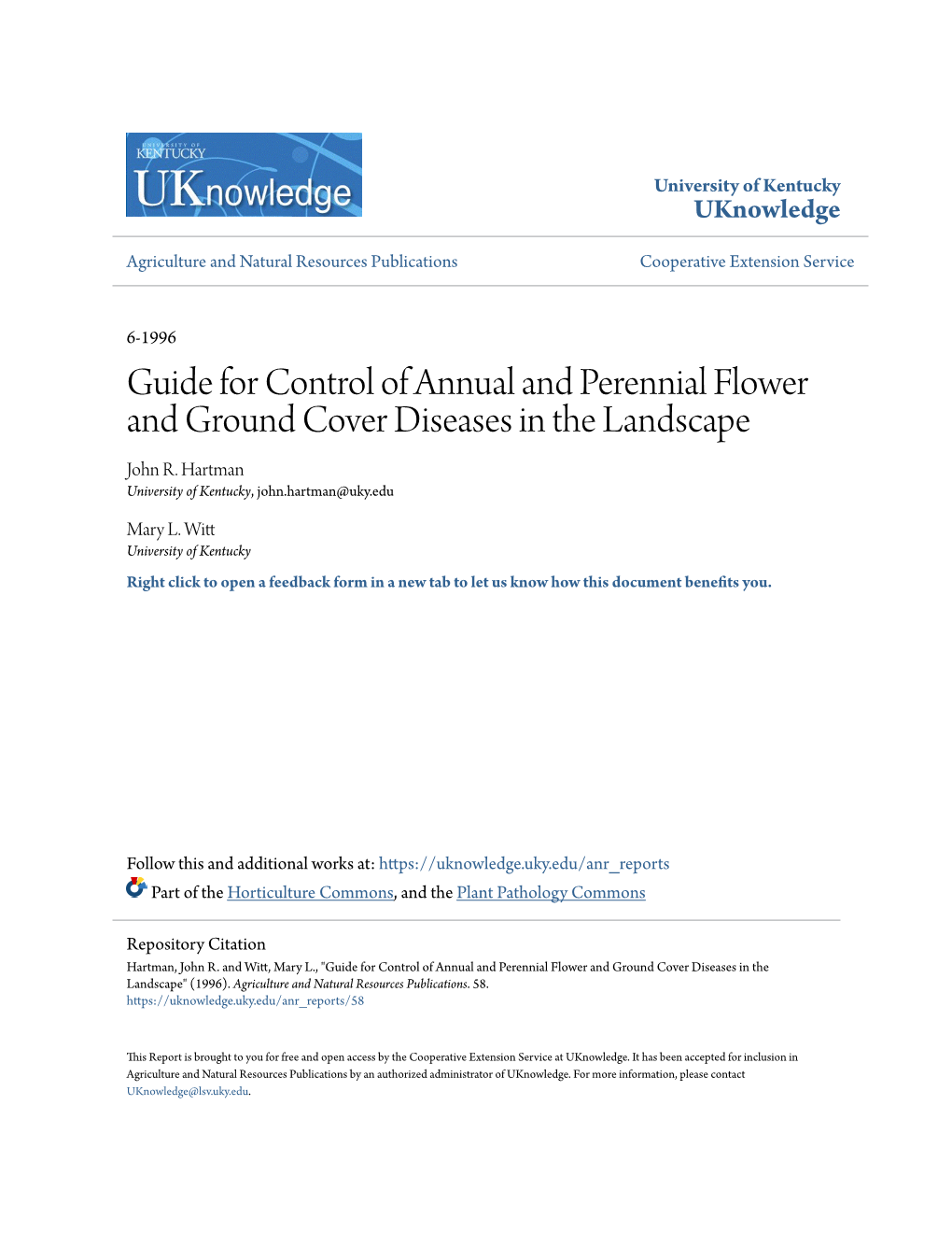 Guide for Control of Annual and Perennial Flower and Ground Cover Diseases in the Landscape John R