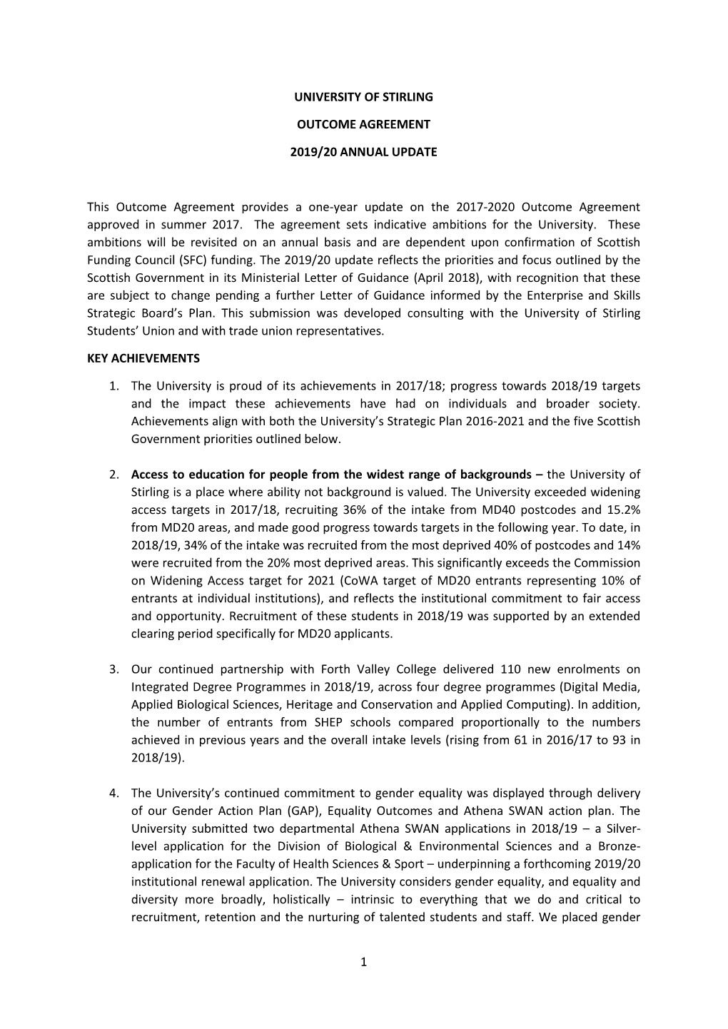 University of Stirling Outcome Agreement 2019-20