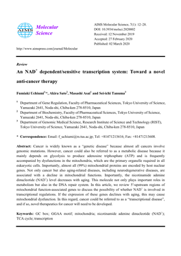 An NAD+ Dependent/Sensitive Transcription System: Toward a Novel Anti-Cancer Therapy