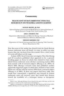 Fraudulent Human Embryonic Stem Cell Research in South Korea: Lessons Learned