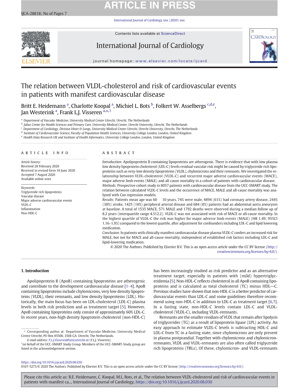 The Relation Between VLDL-Cholesterol and Risk of Cardiovascular Events in Patients with Manifest Cardiovascular Disease