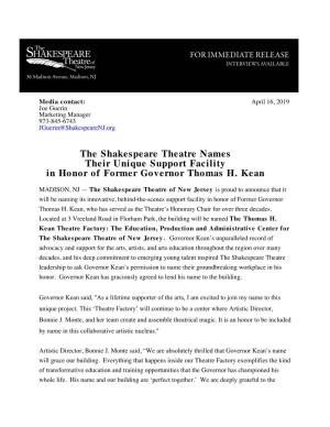 The Shakespeare Theatre Names Their Unique Support Facility in Honor of Former Governor Thomas H