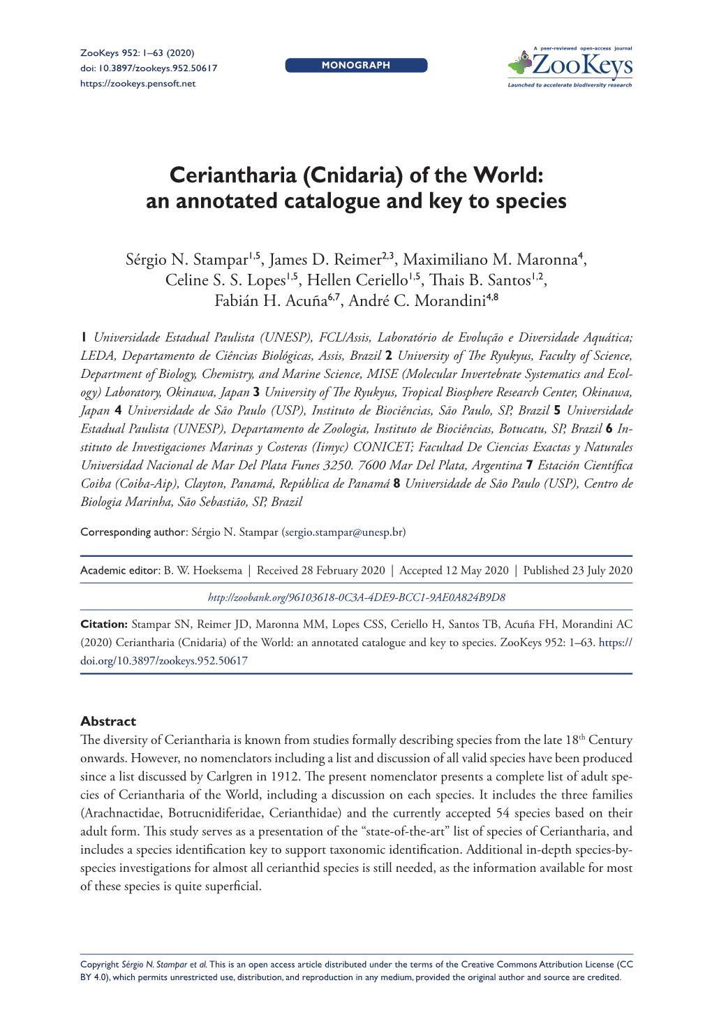 Ceriantharia (Cnidaria) of the World: an Annotated Catalogue and Key to Species