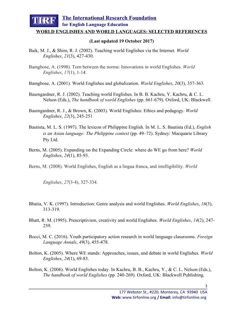 World Englishes and World Languages: Selected References