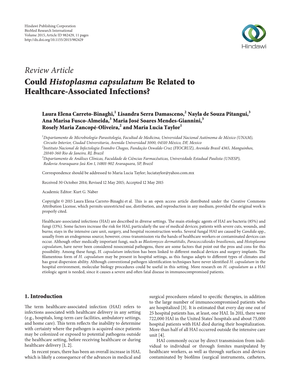 Review Article Could Histoplasma Capsulatum Be Related to Healthcare-Associated Infections?