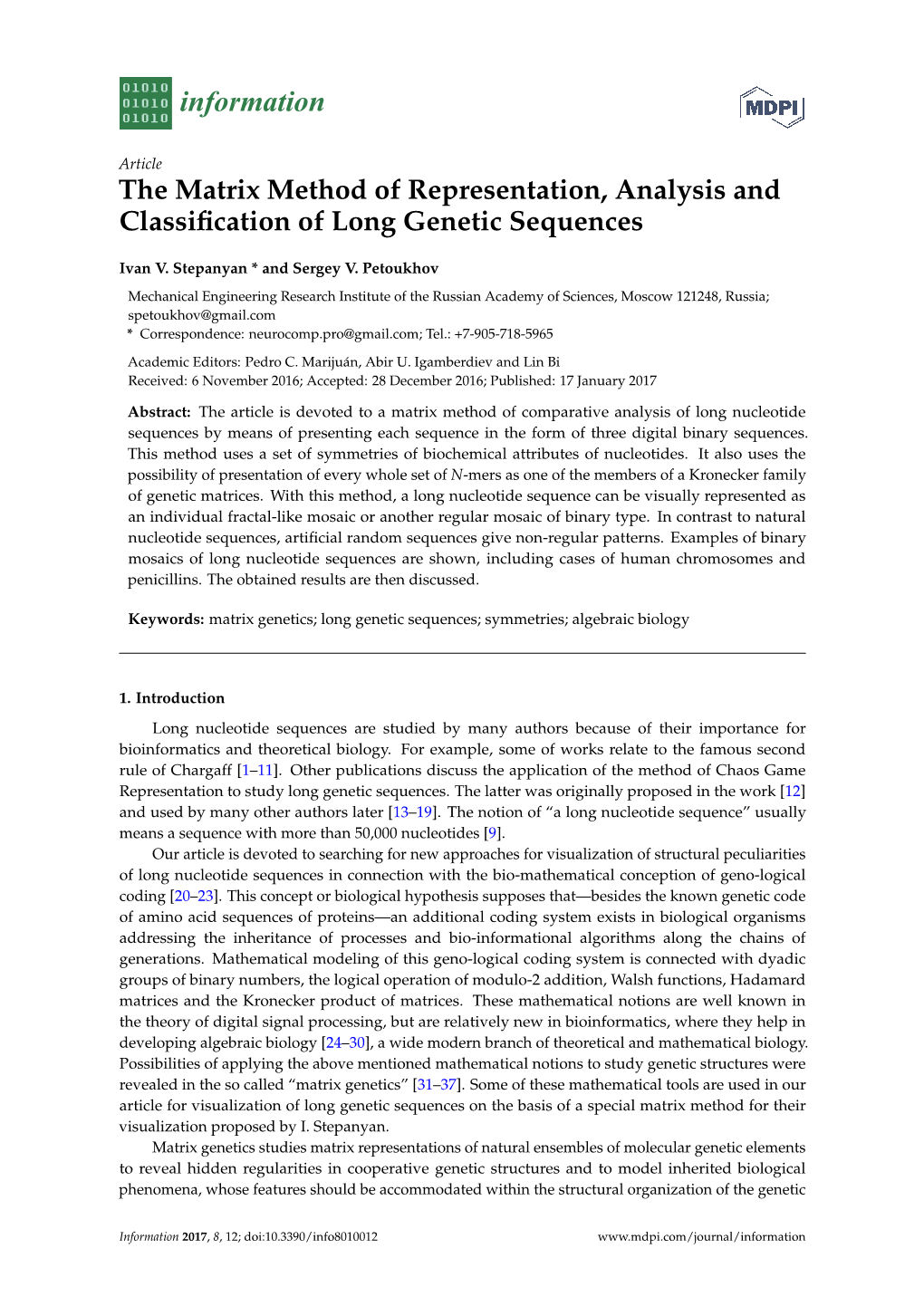 The Matrix Method of Representation, Analysis and Classification of Long