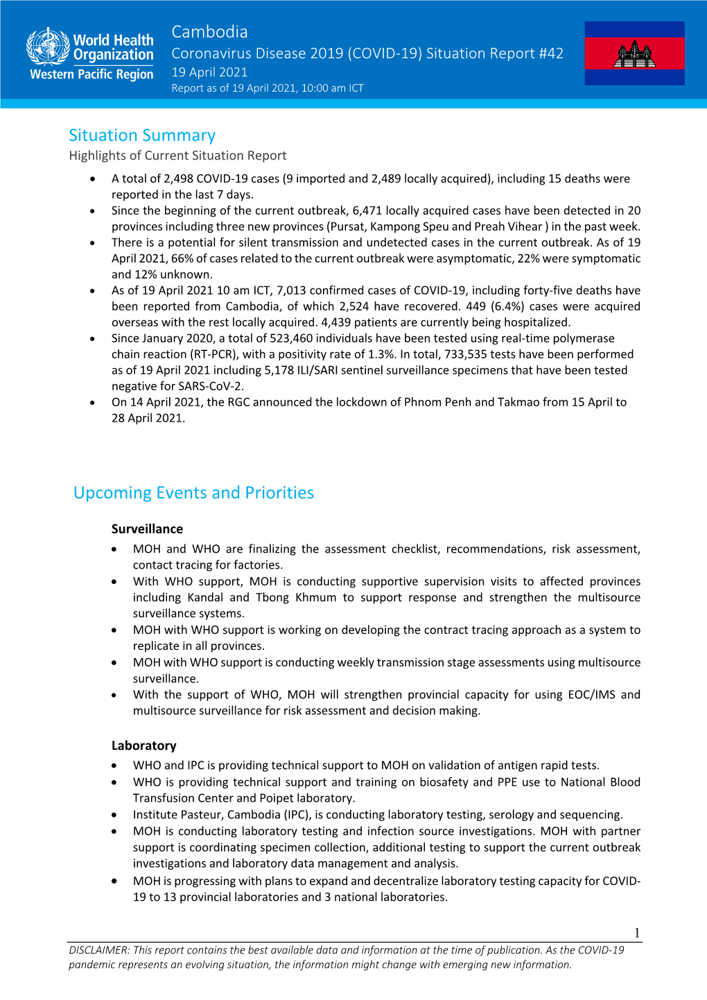 Cambodia Situation Summary Upcoming Events and Priorities