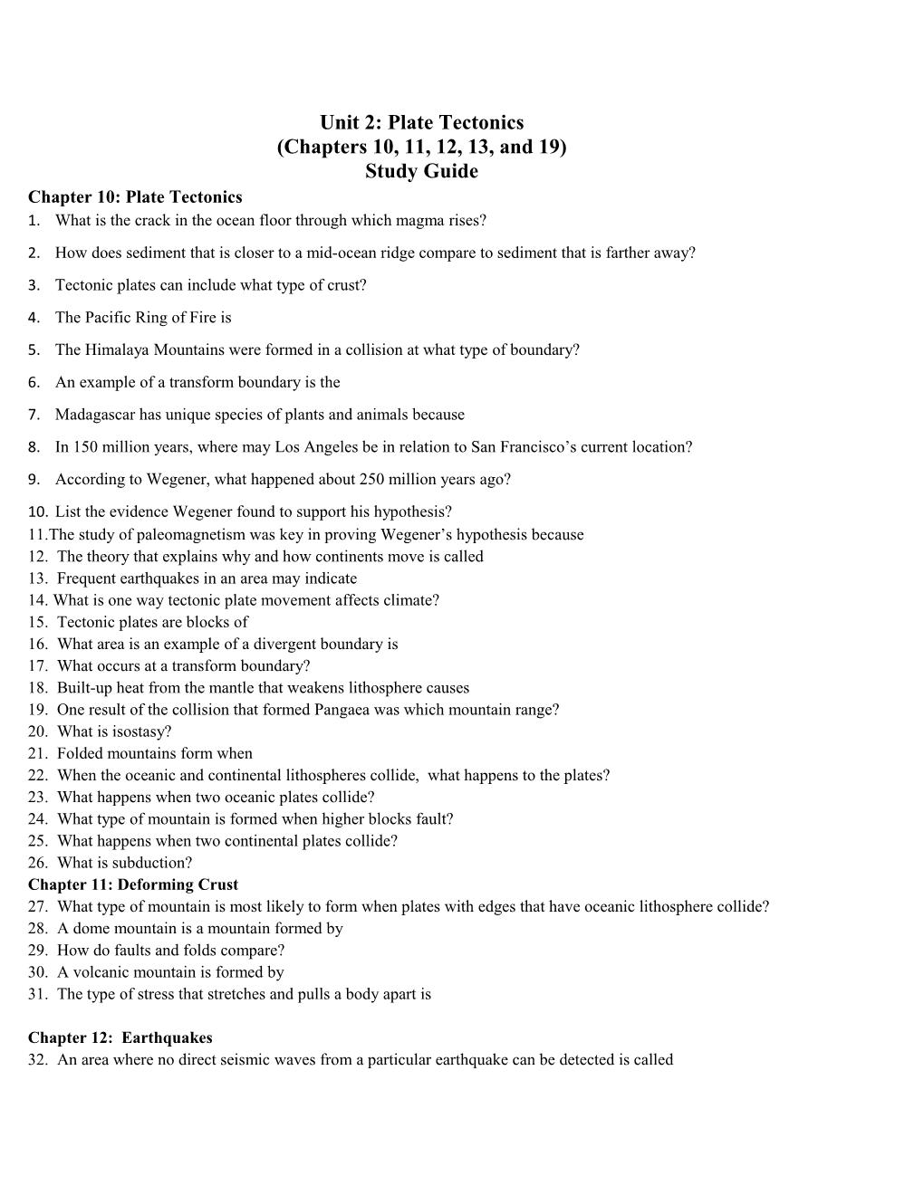 Unit 2: Plate Tectonics