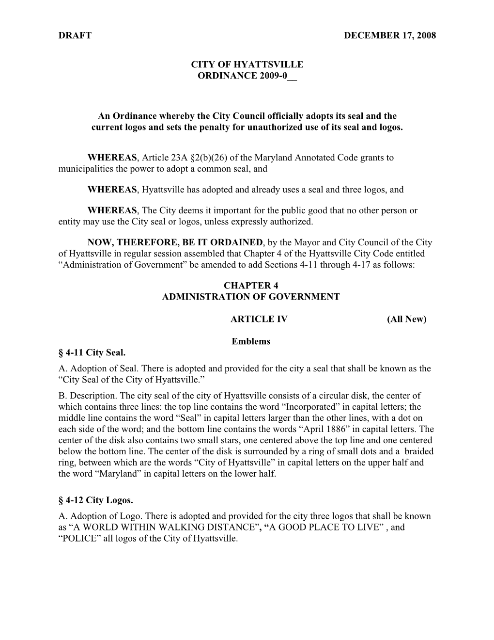 Draft December 17, 2008 City of Hyattsville Ordinance