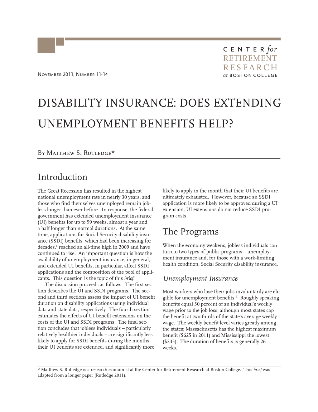 Disability Insurance: Does Extending Unemployment Benefits Help?