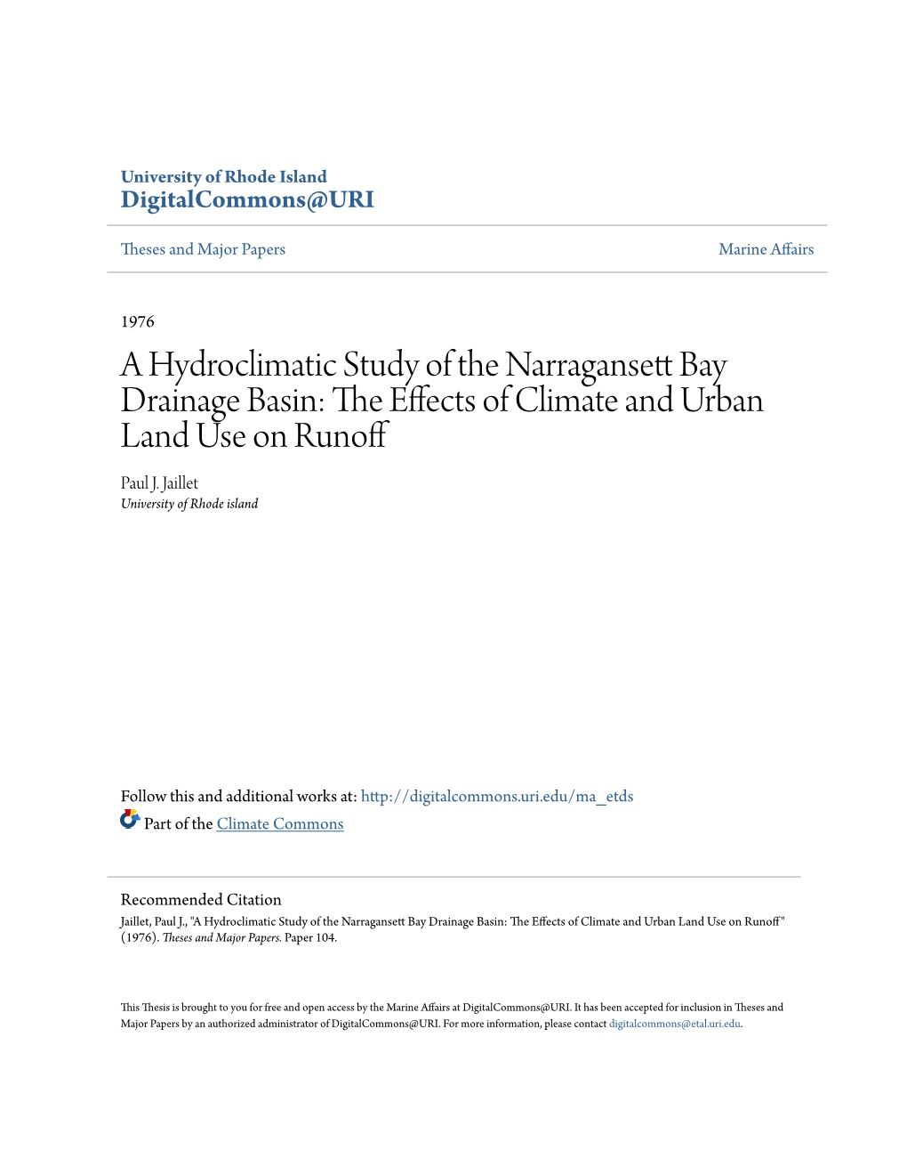 A Hydroclimatic Study of the Narragansett Bay Drainage Basin