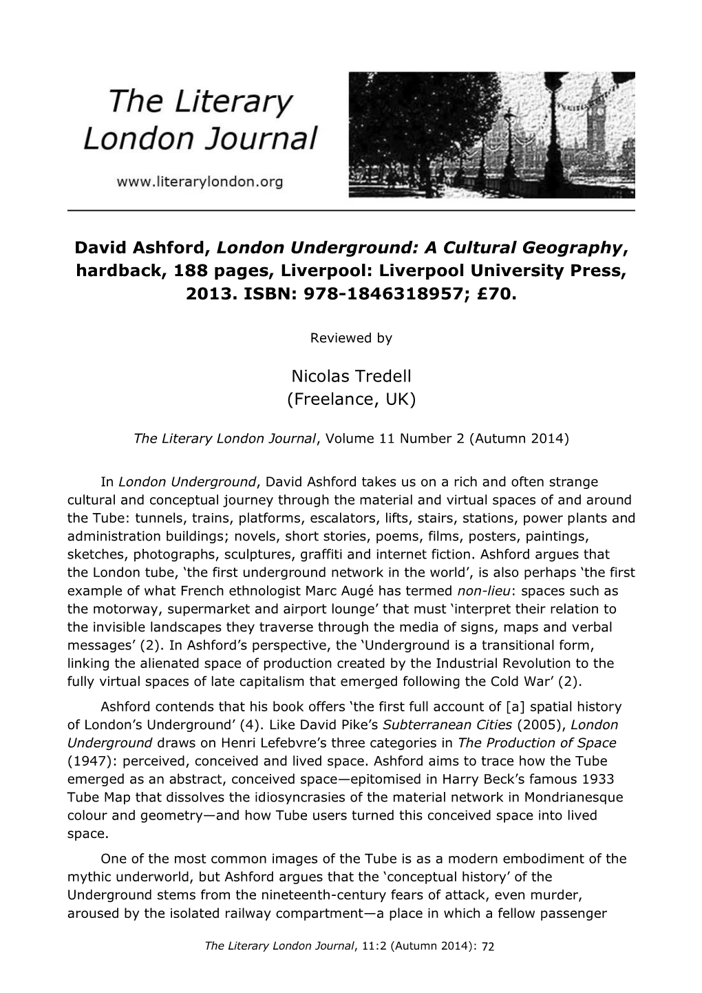 Review of David Ashford, London Underground: a Cultural Geography