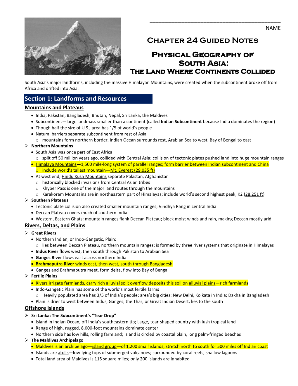 Chapter 24 Guided Notes Physical Geography of South Asia