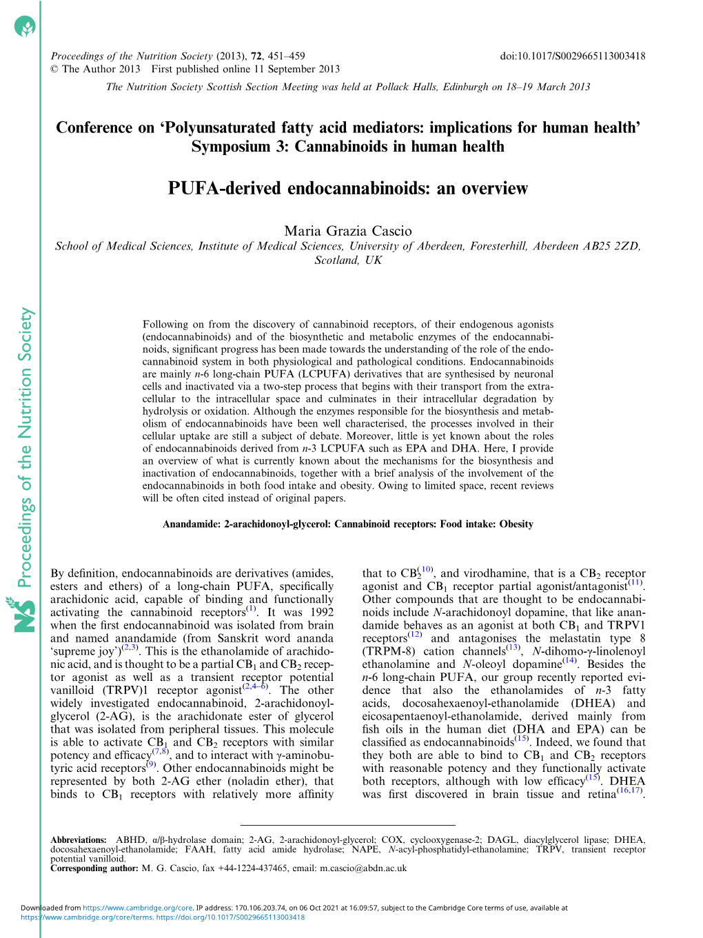 Proceedings of the Nutrition Society PUFA-Derived Endocannabinoids