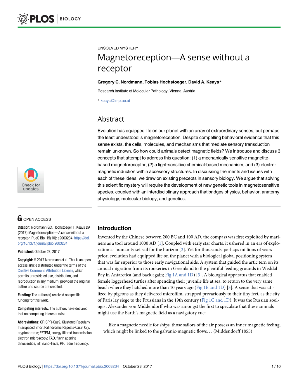 Magnetoreception—A Sense Without a Receptor