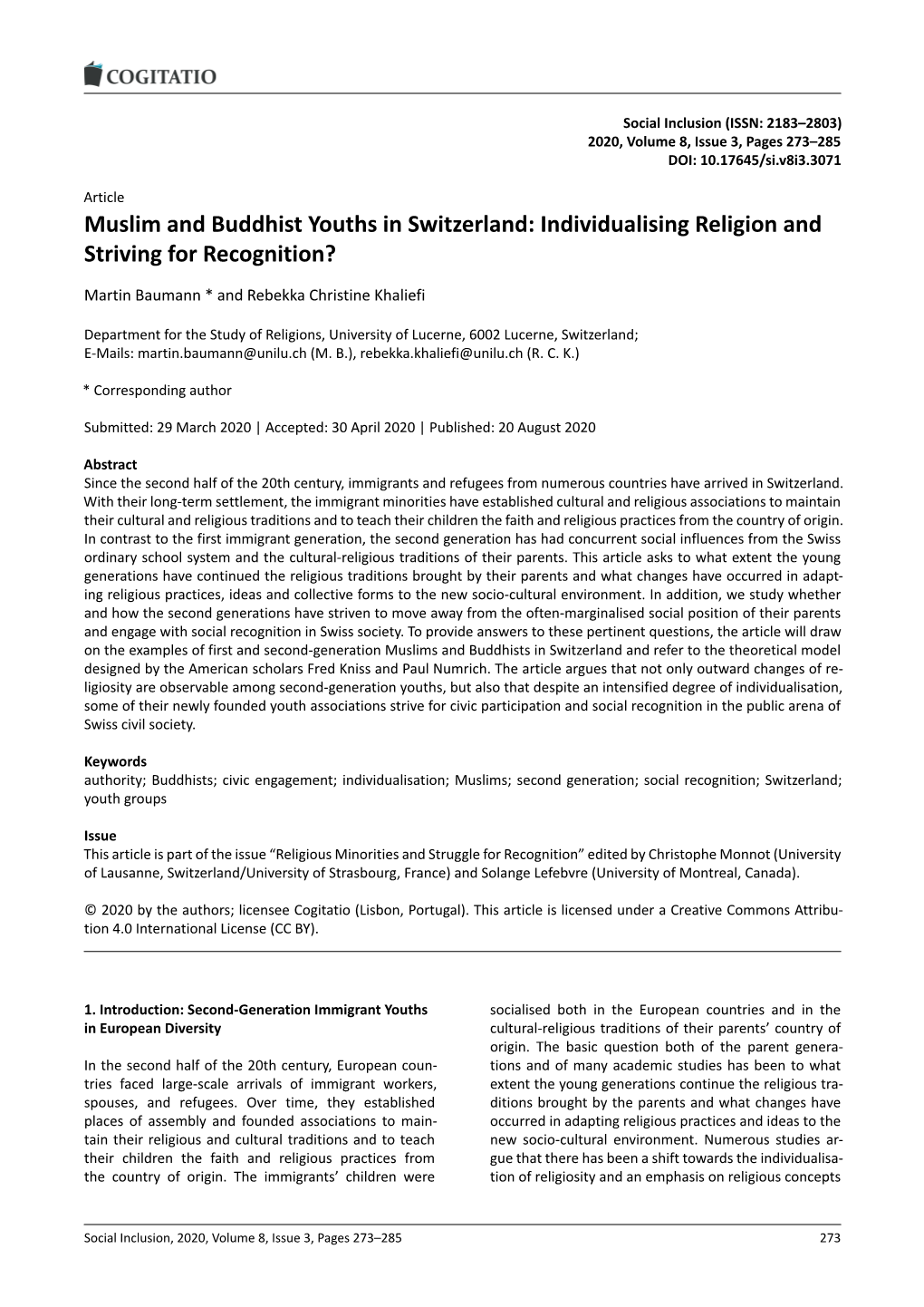 Muslim and Buddhist Youths in Switzerland: Individualising Religion and Striving for Recognition?