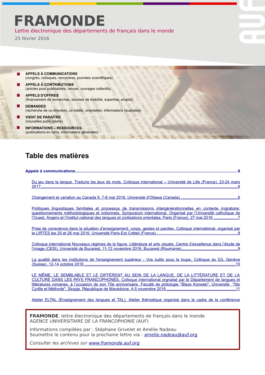 FRAMONDE Lettre Électronique Des Départements De Français Dans Le Monde 25 Février 2016