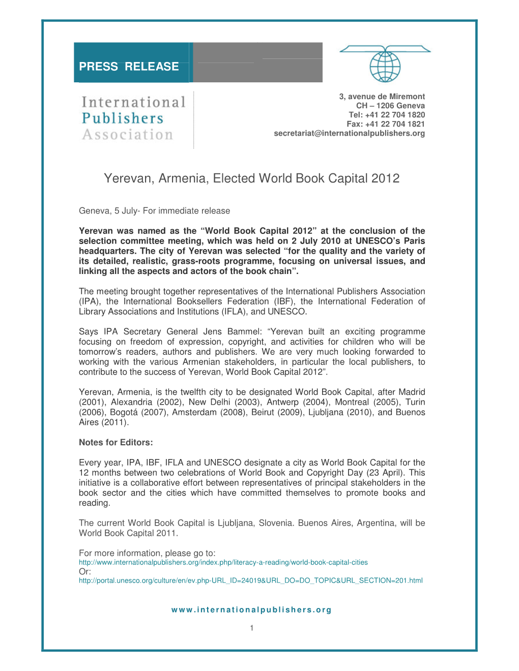 Yerevan, Armenia, Elected World Book Capital 2012