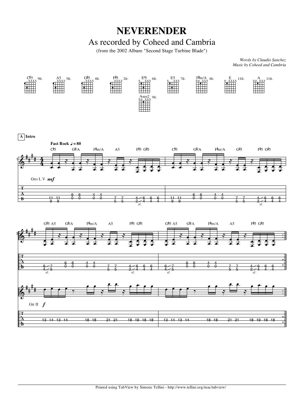 Neverender Guitar Tab