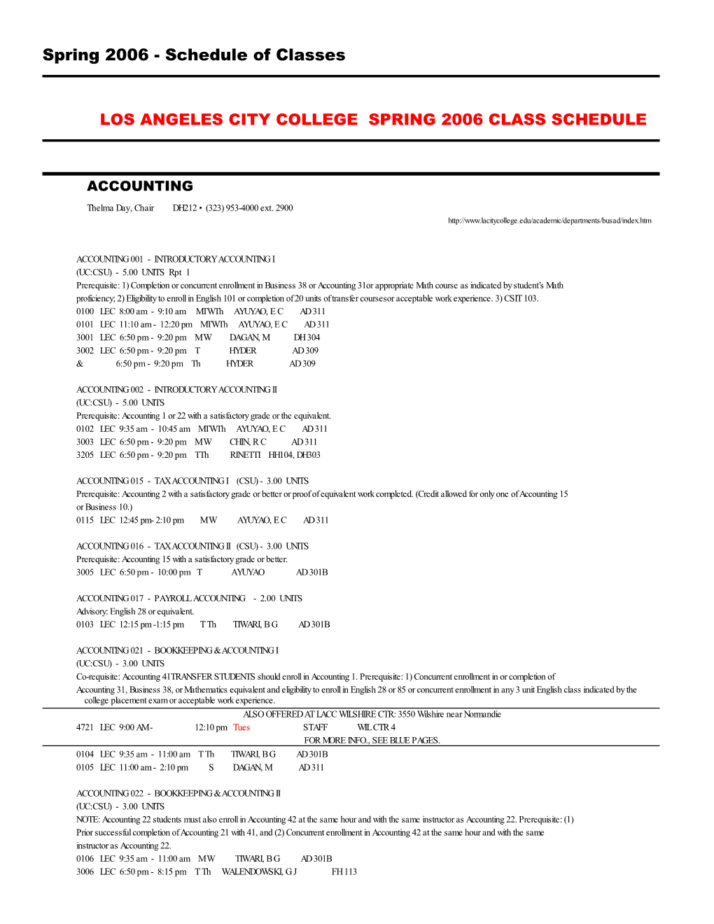 Spring 2006 Class Schedule a to B