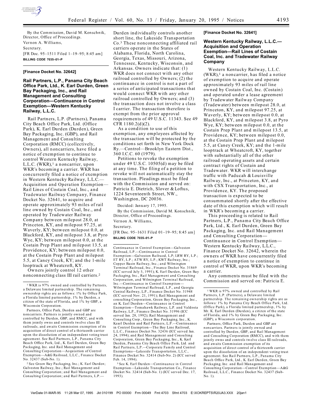 Federal Register / Vol. 60, No. 13 / Friday, January 20, 1995 / Notices 4193