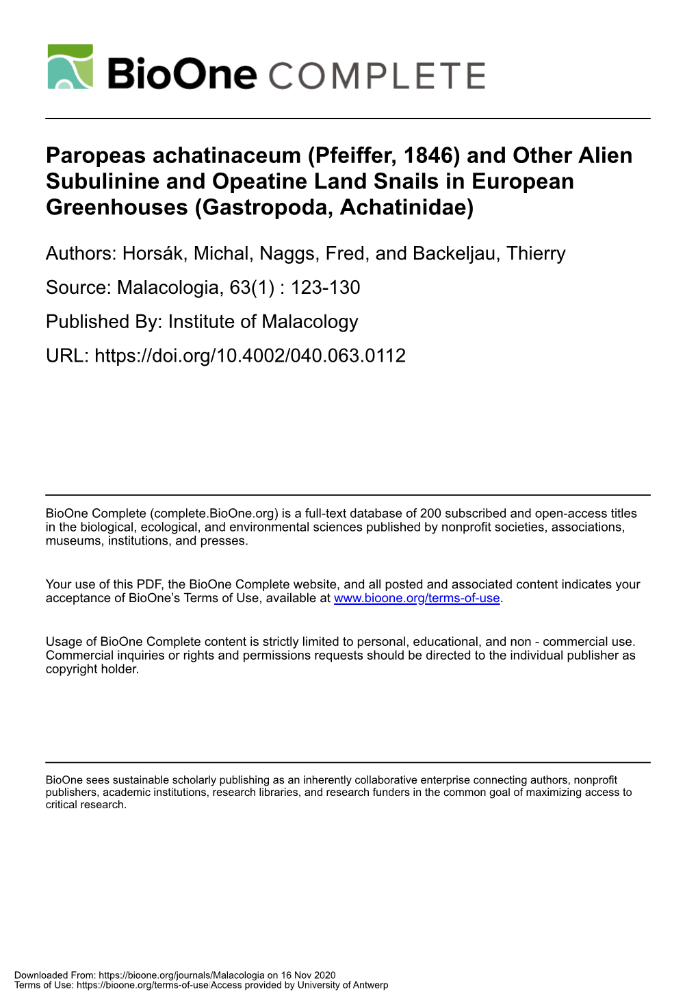 And Other Alien Subulinine and Opeatine Land Snails in European Greenhouses (Gastropoda, Achatinidae)